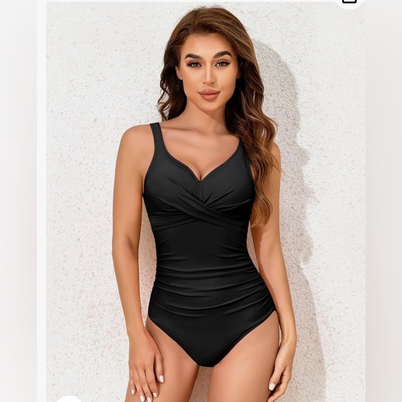 Women's One Piece Swimsuit Ruched Tummy Control  Slimming Push Up V Neck - Picture 5 of 13